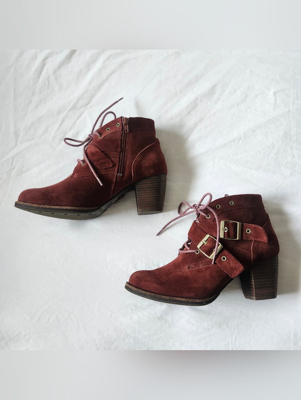 Caterpillar Burgundy Suede Lace-Up Ankle Booties with Buckle